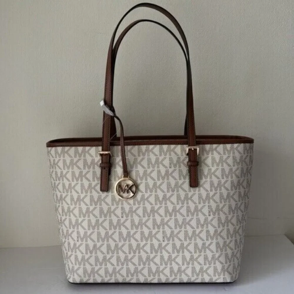 Michael Kors Jet Set Vanilla Luggage Tote Carry All Shoulder Handbag Logo Charm